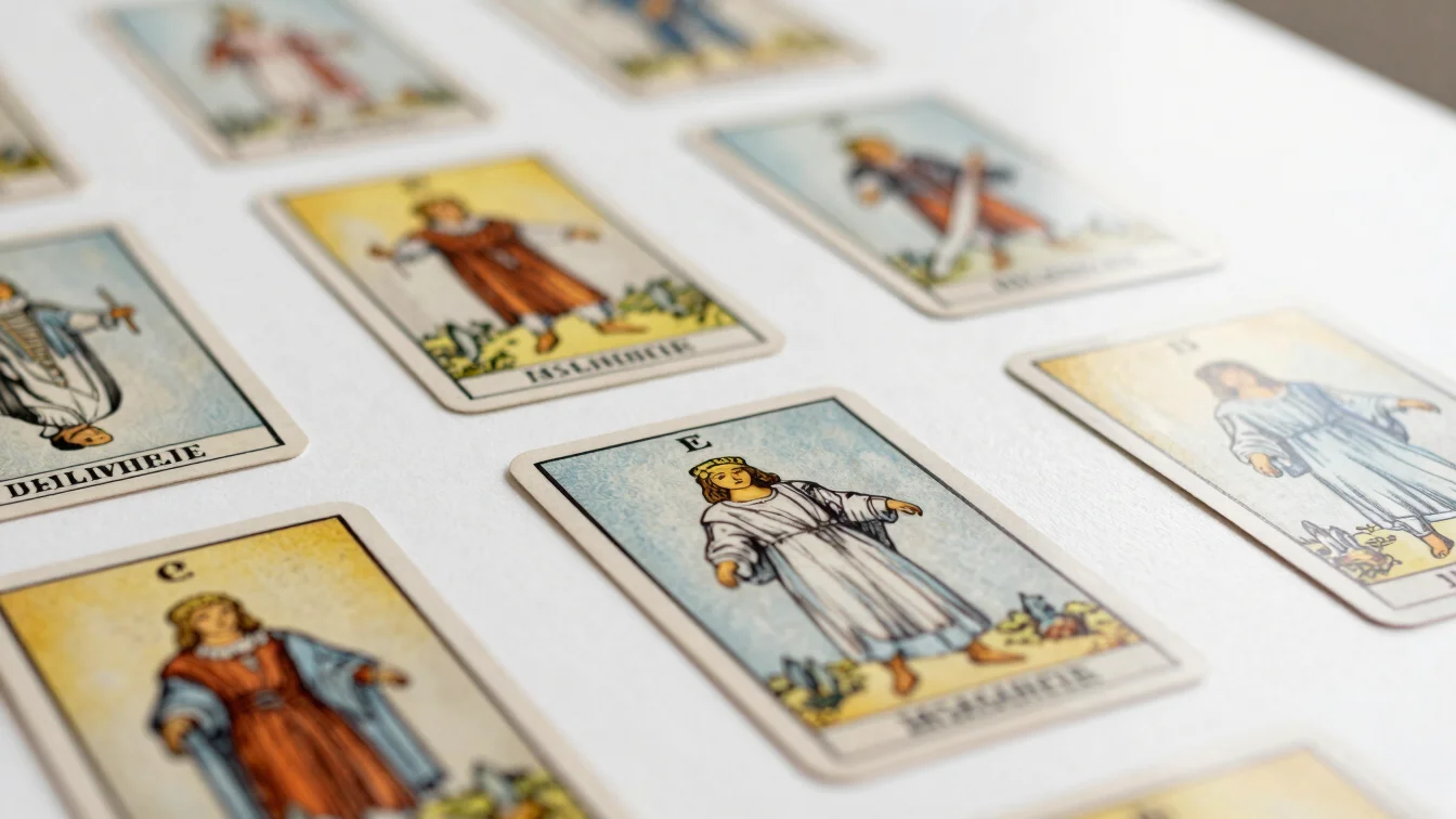Close-up detail of tarot cards and natural crystals under soft natural daylight on a clean white surface