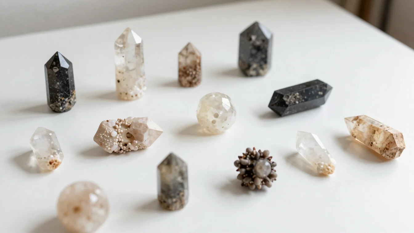 Handmade mystical artifacts and crafted crystal pieces arranged cleanly on a bright white surface, soft shadows