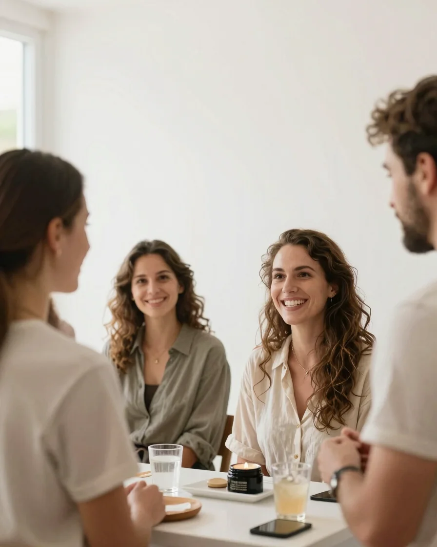 Genuine human interaction and welcoming atmosphere at a holistic wellness fair, soft natural lighting, warm editorial st