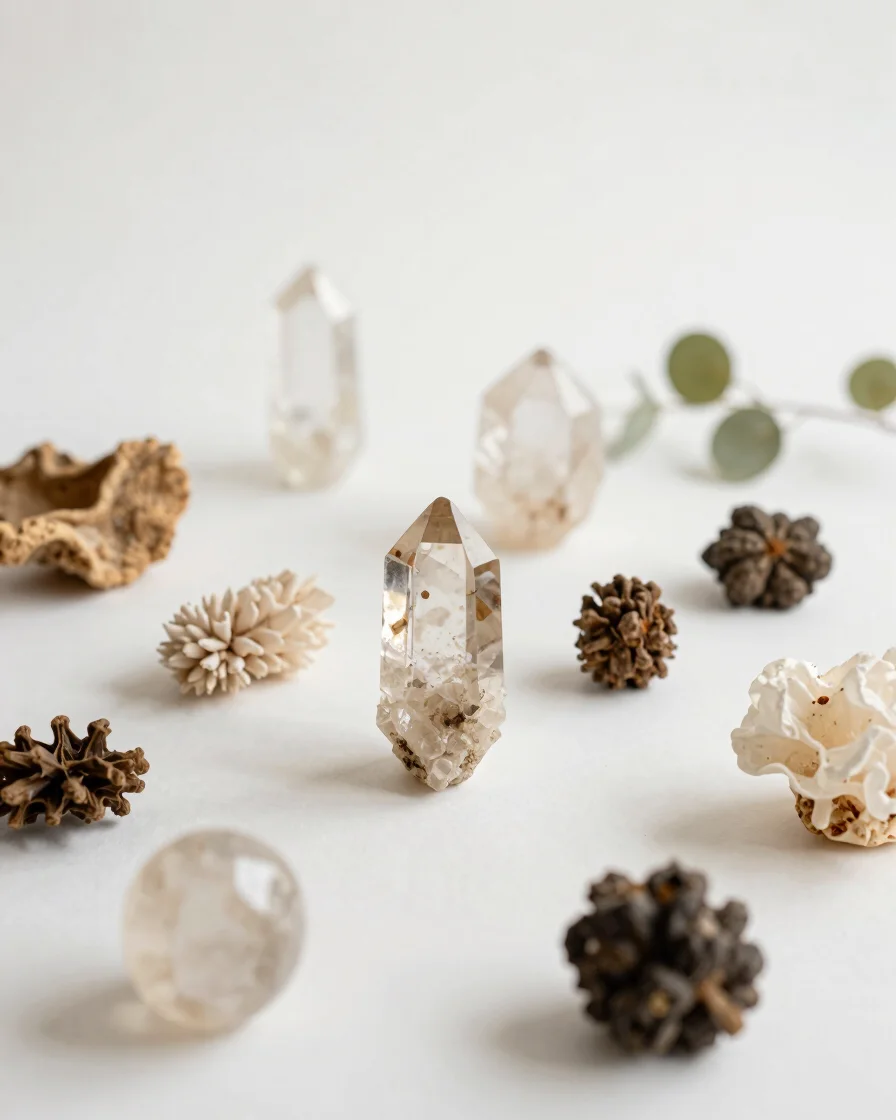 Warm editorial photography of crystal collections and botanical e